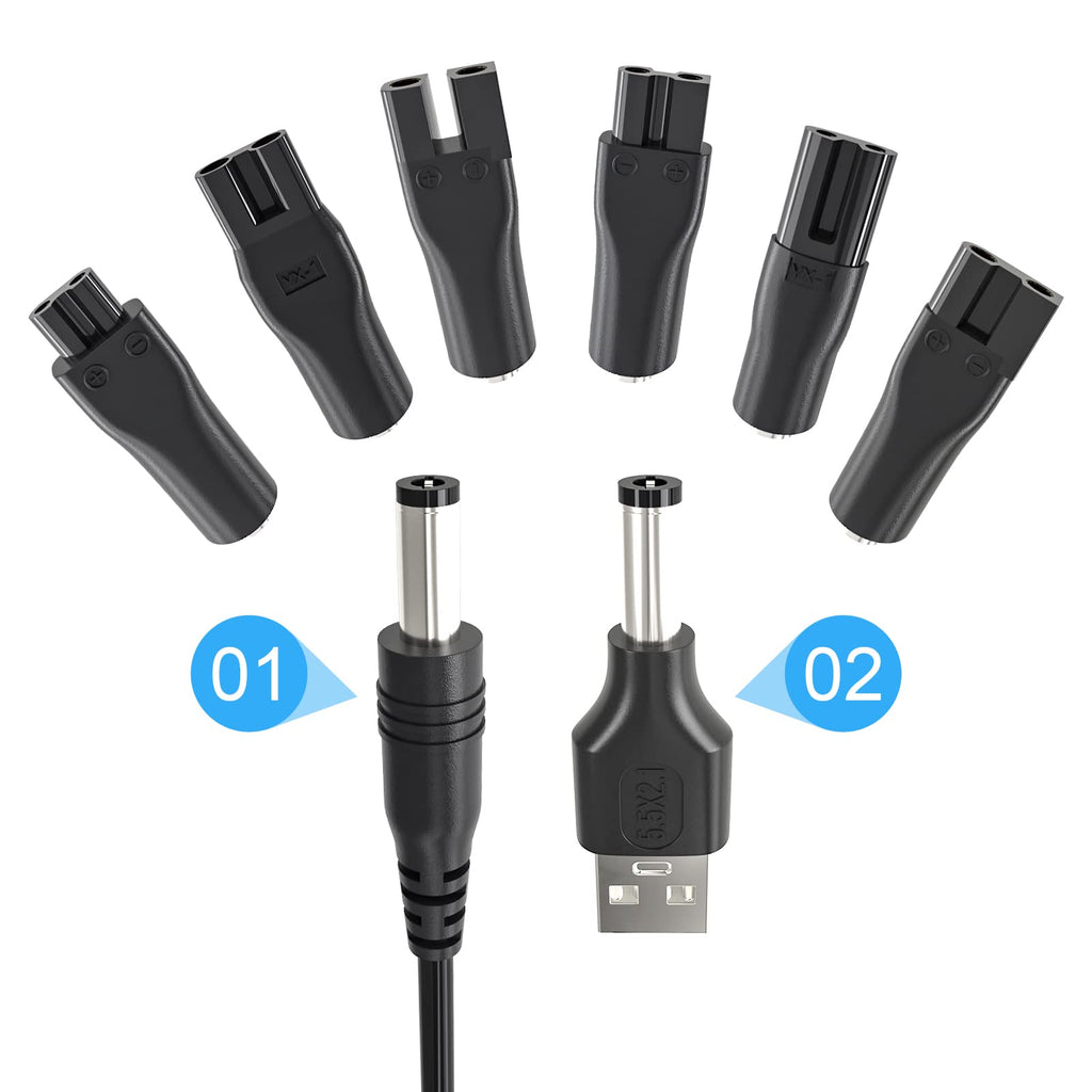 SoulBay 5V USB Charging Power Cord for Electric Beard Trimmer Hair Clippers Mens Womens Razor Shaver, Includes 6pcs Connectors, 1pc 15V Power Cord for Philips Shavers & 1pc USB to 5.5 * 2.1mm Adapter