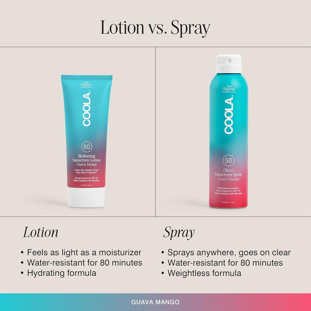 COOLA Organic Sunscreen SPF 50 Sunblock Spray, Dermatologist Tested Skin Care For Daily Protection, Vegan And Gluten Free, Guava Mango, 6 Fl Oz