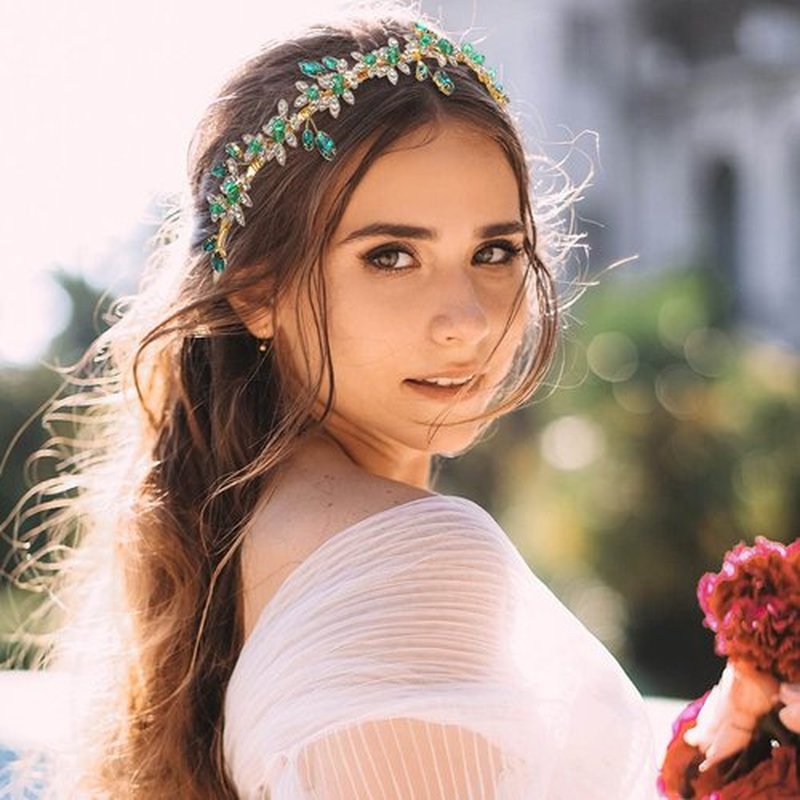 JEAIRTS Emerald Green Rhinestone Headband Gold Wedding Headpiece Hair Accessories for Women