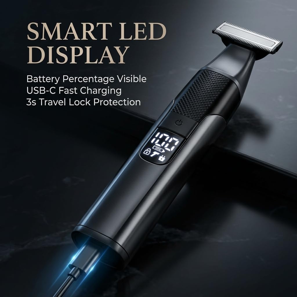 4-in-1 Electric Body Hair Trimmer for Men, Waterproof Grooming Kit with T-Blade, Foil Shaver & Nose Hair Trimmer, LED Display, USB-C Rechargeable, Wet & Dry Use, 6 Guide Combs (0-7mm)