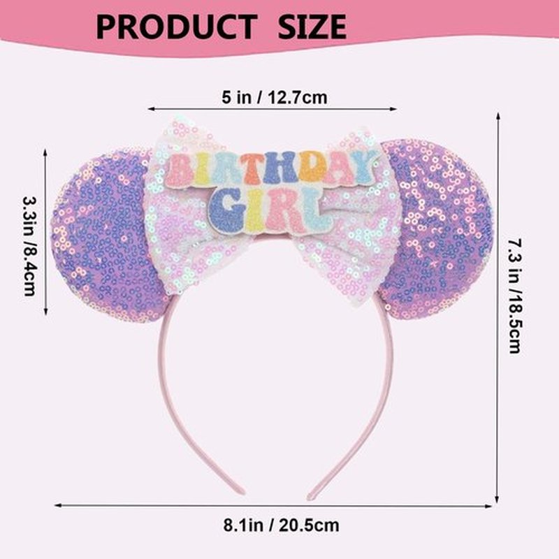 Qckarobe Birthday Mouse Ears Headband, Sequin Birthday Ears Headbands for Women Girls Adults Shiny Bow Mouse Ears Hairband Party Decorations