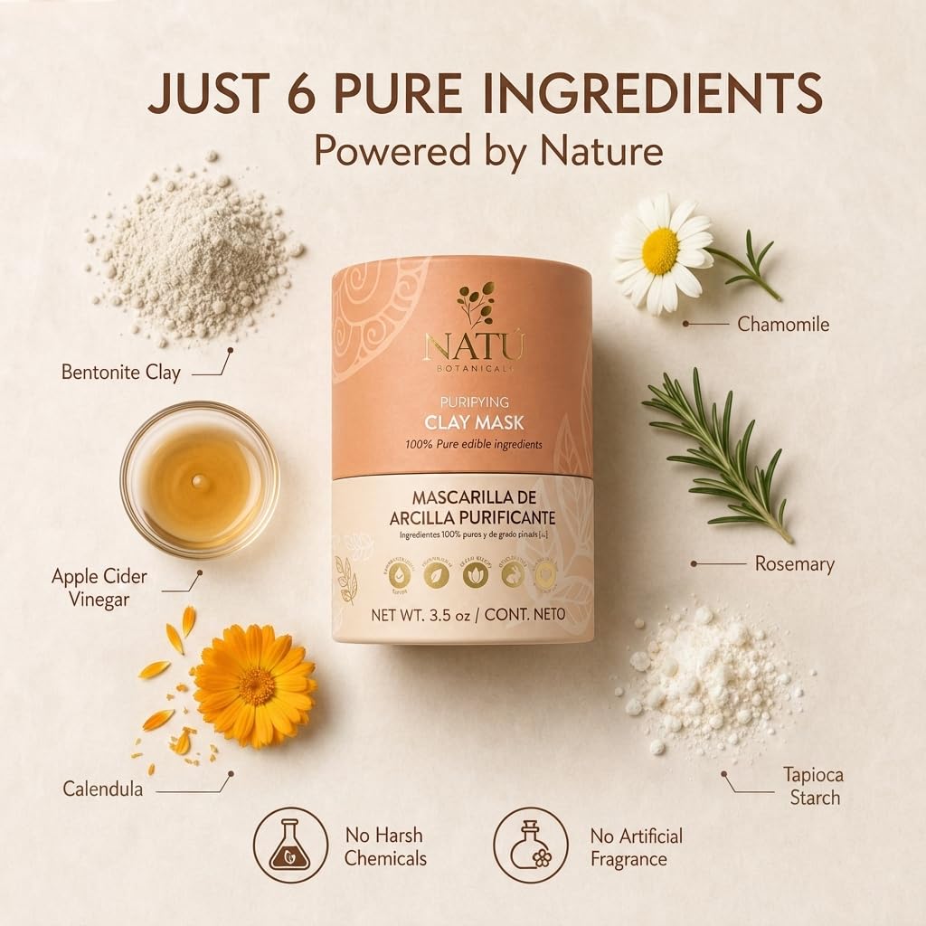 NATÚ BOTANICALS Purifying Bentonite Clay Powder Mask for Face – Deep Pore Cleansing, Oil Control, Helps Tighten, Clarify & Skin Refining Hydrating for Oily, Combination & Sensitive Skin