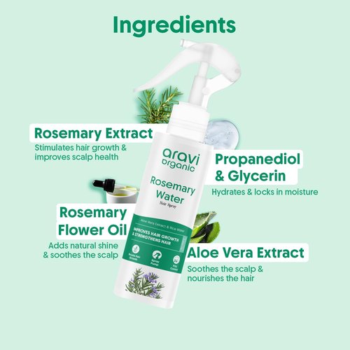 Aravi Organic Rosemary Water Hair Spray with Aloe Vera & Rice Water | Stimulates Hair Follicles, Boosts Hair Growth & Thickness, Reduces Hair Fall, Breakage & Dandruff | For Men & Women - 100ml