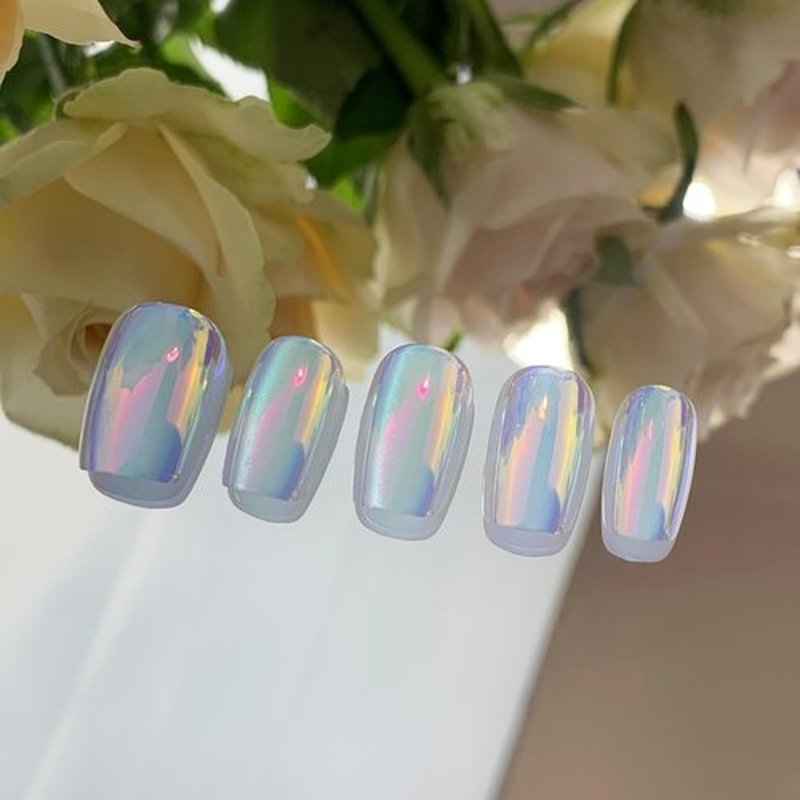 Incantevole Cat's Eye Press On Nails (30PCS；SIZE：XS-S-M), Short Square Fake Nails, Handmade Nails, Gradient Coated False Nail Tips (Mirror Finish Blue-Pink)