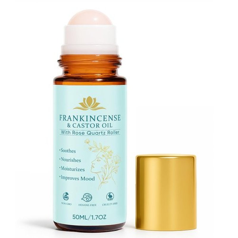 Frankincense and Castor Oil, Castor Oil Roll On with Rose Quartz, 100% Pure, Organic, Cold-Pressed, Firms Skin, Reduces Fine Lines & Hormone Balance, Suitable for Face, Neck, Abdomen, 50ML/1.7OZ (1)