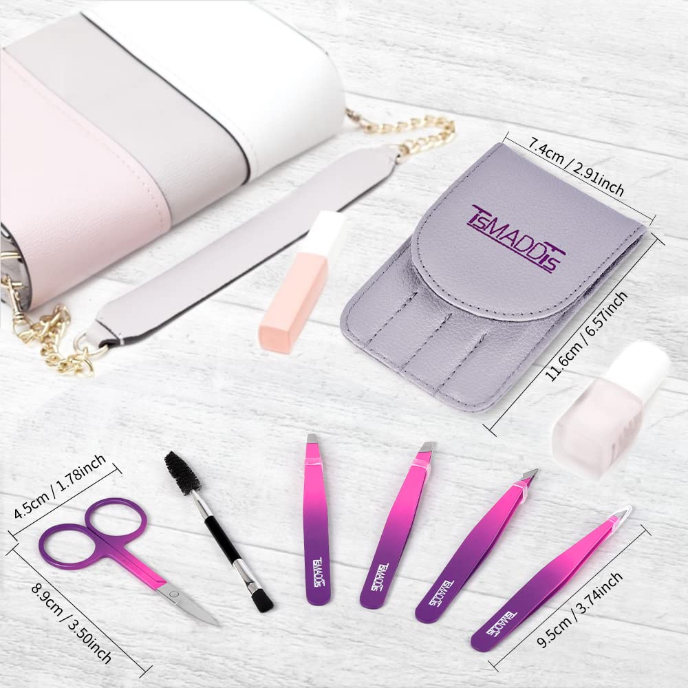 Eyebrow Tweezer Set, TsMADDTs 6 pcs Tweezers Set for Women with Curved Scissor for Ingrown Hair, Hair Plucking Daily Beauty Tools (Pink&Purple)