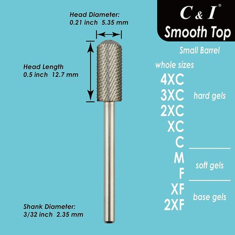 C & I Small Barrel Smooth Top Nail Drill Bit, Safety Round Top, Professional Electric File for Manicure Drill Machine, Remove Nail Gels, Acrylics, 3/32” (Double Coarse - 2XC)