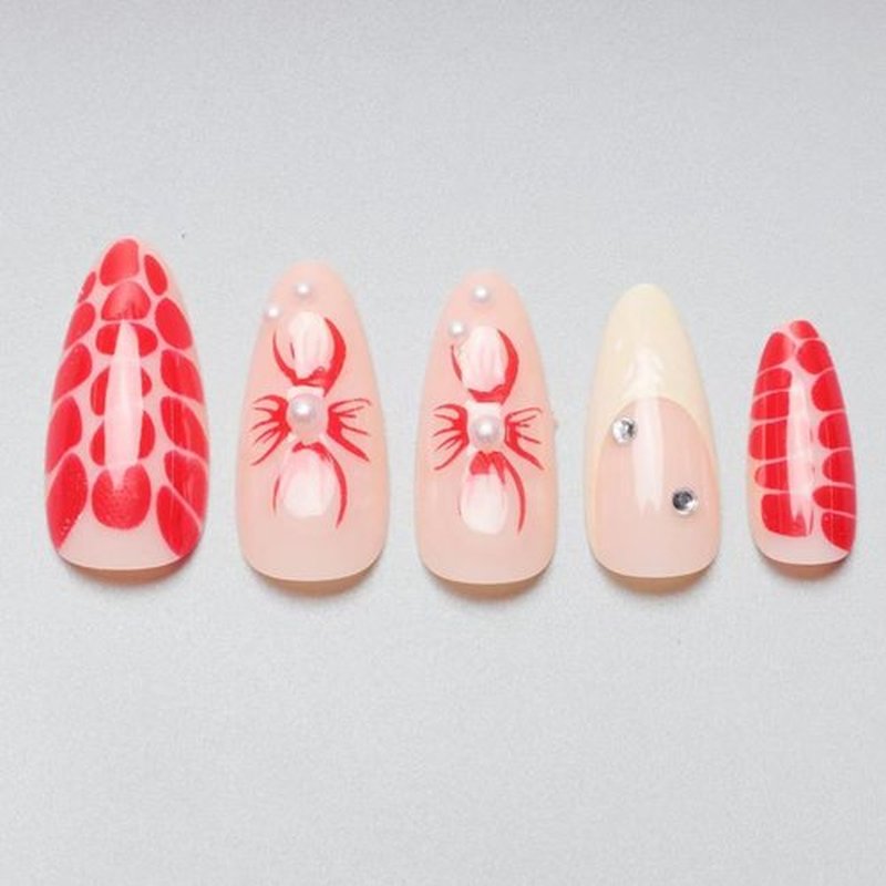GuxiPirets Medium Long Press on Nails,Red French Tips Almond Shaped Rhinestone Nail Press ons with 3d Flower Design 24Pcs False Nails