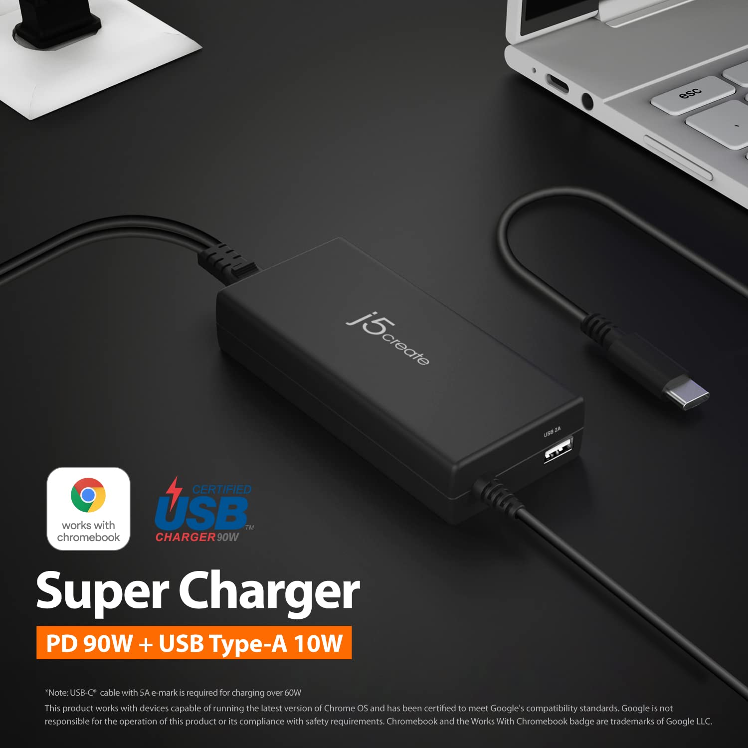 j5create USB Type C Super Charger PD 90W + USB Type A 10W Fast Charging for Chromebook, Laptop, MacBook Pro 13” (JUP2290C)