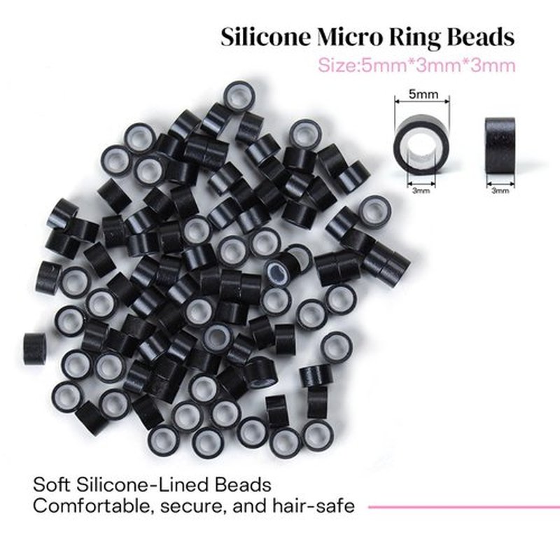 Kraler Hair Extension Tools Kit 200 Silicone Beads 1 Three Hole Pliers 2 Sewing Thread 1 Loop Tool 1 Crochet Hook 4 Types Sewing Needles 1 Bag Black Mini Rubber Hair Elastic with Storage Case (Black)
