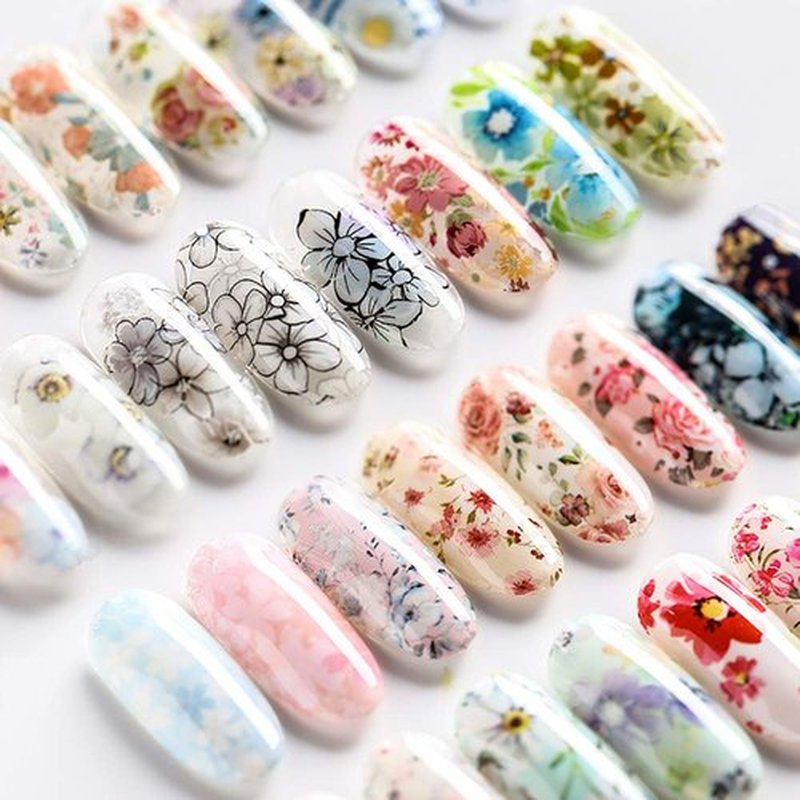 SILPECWEE 50 Sheets Laser Nail Foil Transfer Set Marble Flower Aurora Design Nail Art Stickers Decals Tips Starry Sky Star Manicure DIY Tools