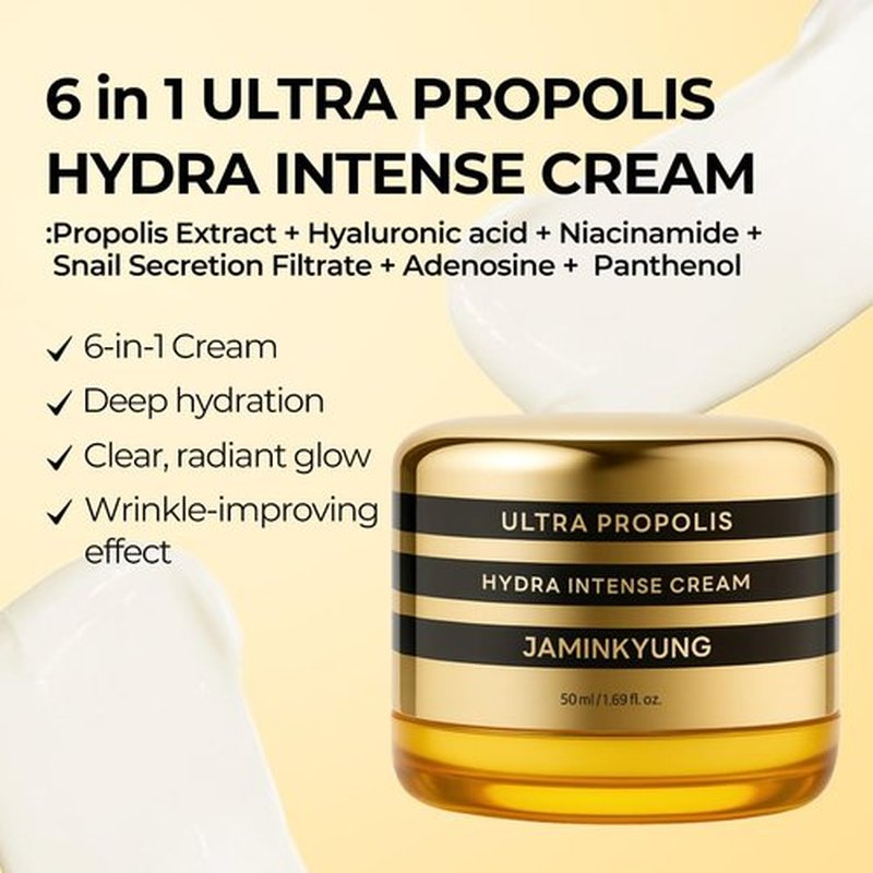 Jaminkyung Triple Propolis & Snail Mucin Face Cream, Korean Glass Skin Moisturizer with 8-Layer Hyaluronic Acid & Panthenol for Deep Hydration, Glowing & Repairing Dry, Dull Skin, 1.69 fl oz