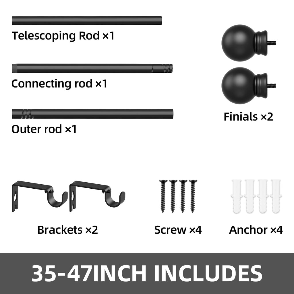 GXOACKJ Curtain Rods for windows 32-48 inch, 5/8 inch Decorative Curtain Rod Set, Matte Black Splicing Heavy Duty Metal Curtain Rod with Brackets