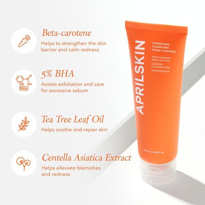 Aprilskin Carrotene Foam Cleanser - Deep Cleansing with BHAs for Oily, Sensitive Skin - 120ml | Vegan & Cruelty-Free