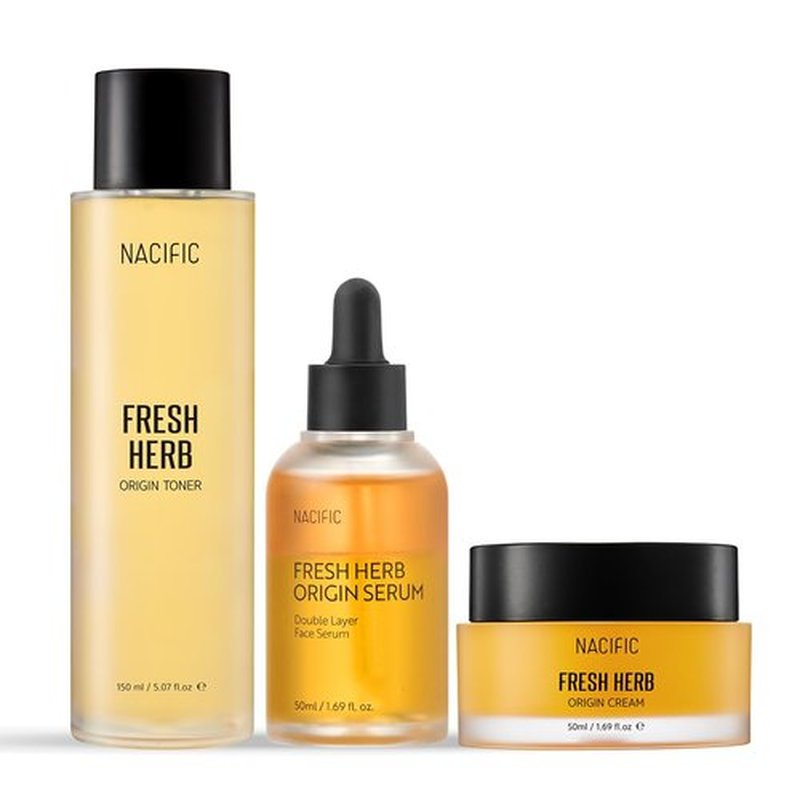 NACIFIC Fresh Herb Origin Triple Set - Moisturizing Toner, Serum & Cream with 82% Pot Marigold Water | 150ml, 50ml Each