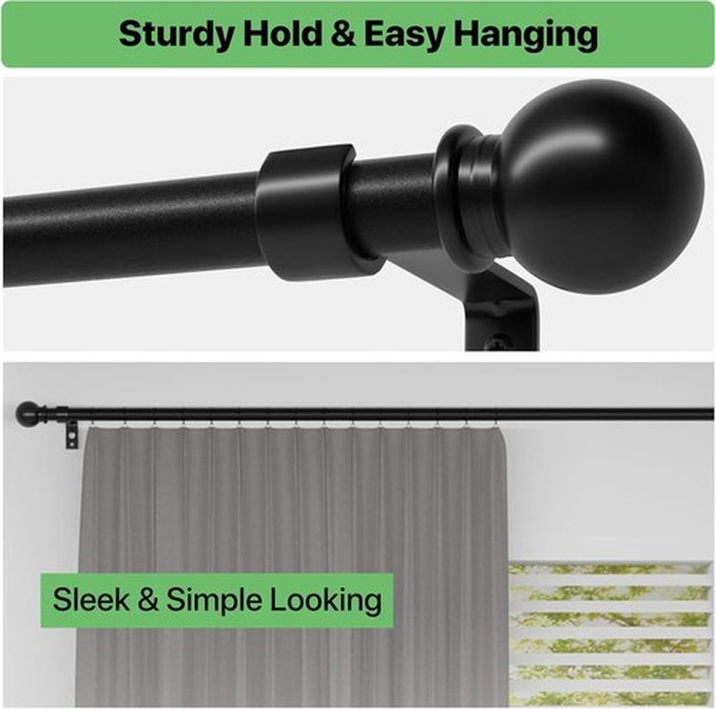 Skiennix Black Curtain Rod Set - Adjustable 28 to 48 Inch Metal Drapery Rod with Brackets | Perfect for Bedroom, Kitchen, Living Room