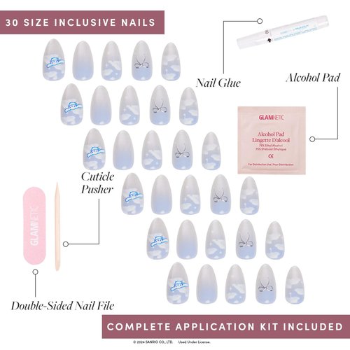 Glamnetic x Hello Kitty® and Friends Press On Nails - Cinnamoroll™ Cloud | Pale Blue 3D Cloud Graphic Nails in a Velvet Finish | 15 Sizes - 30 Nail Kit with Glue