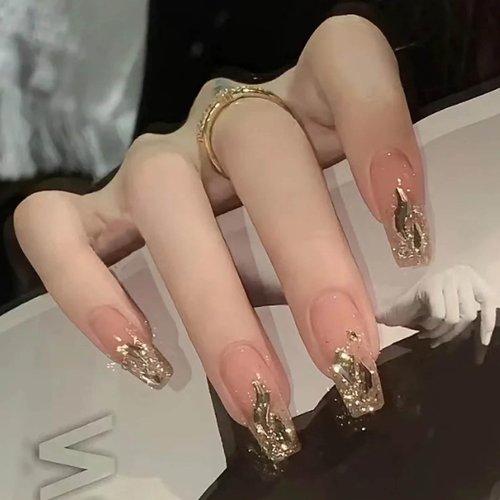 Hkanlre Bling Coffin Press on Nails Fake Nails Tips Full Cover Medium False Gradient Nails for Women and Girls 24PCS (Gold Coffin)