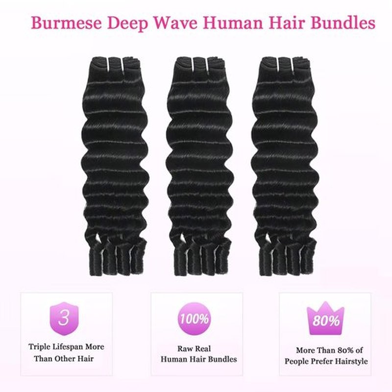 Burmese Curly Bundles Human Hair 18 20 22 Inch Brazilian Deep Wave Bundles 100% Unprocessed Virgin Hair Quick Weave Human Hair Bundles with Spiral End Human Hair Extensions Natural Black