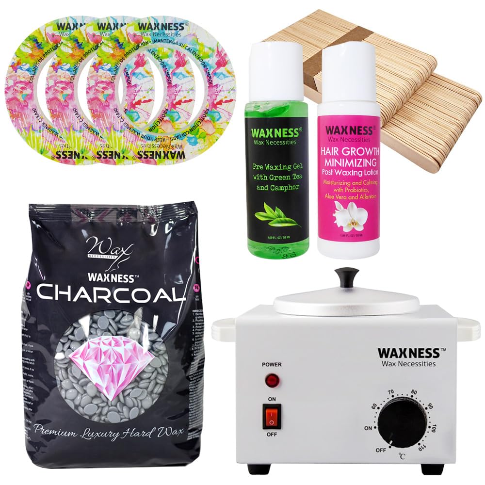 Waxness Charcoal Wax Starter Kit with Metallic Heater, 1.1 lb (500 g) Stripless Hard Wax Beads – Professional Use – Made in Italy