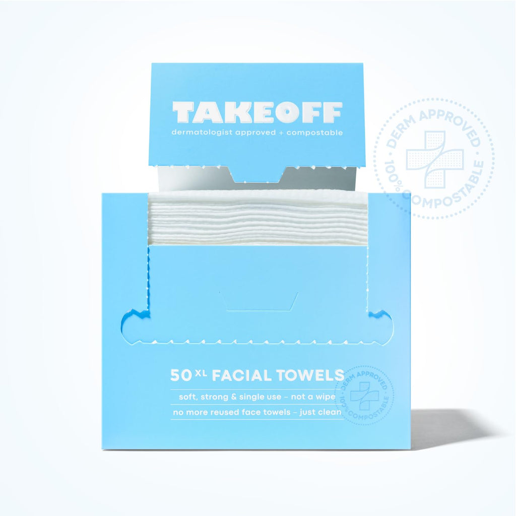 Takeoff Face Towels, 10"×12" XL Face Disposable + Compostable, Ultra Soft Makeup Remover Dry Wipes, Thick Face Towel w/Dual Texture For All Skin Types incl. Sensitive, 50 Count x 3 Pack (150 total)