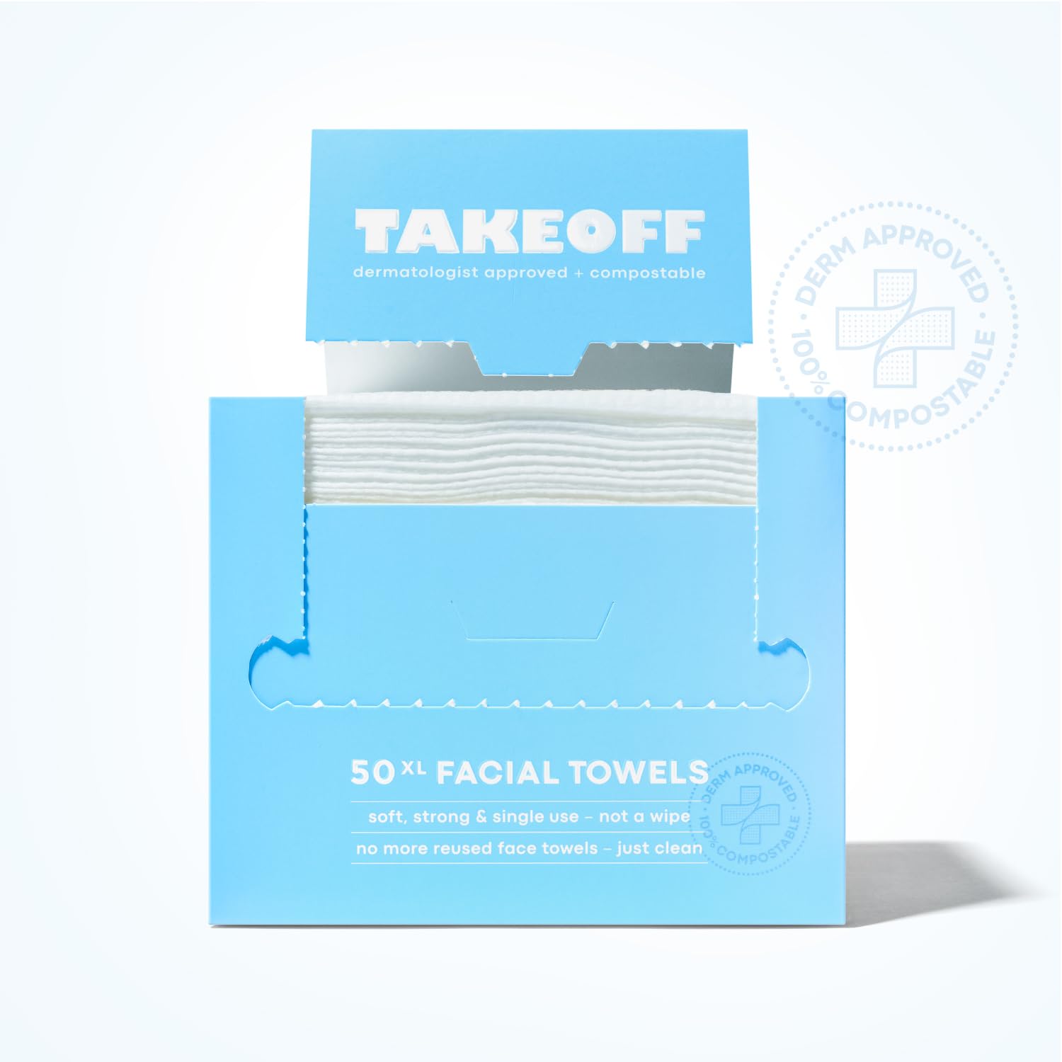 Takeoff Face Towels, 10"×12" XL Face Disposable + Compostable, Ultra Soft Makeup Remover Dry Wipes, Thick Face Towel w/Dual Texture For All Skin Types incl. Sensitive, 50 Count x 3 Pack (150 total)