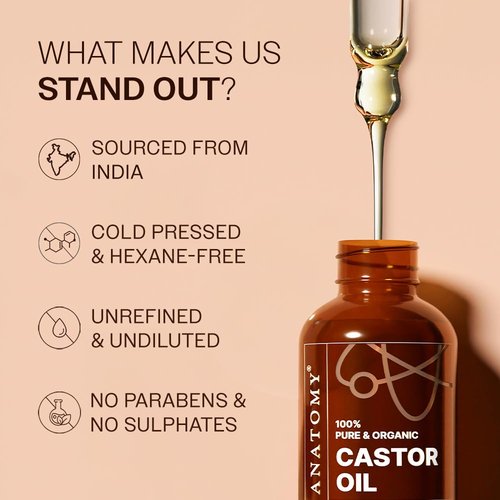 Bare Anatomy 100% Pure & Organic Castor Oil Cold Pressed, Unrefined, USDA Certified, Hexane-Free | For Hair Growth, Thicker Eyelashes & Eyebrows| Suitable for Body, Skin & Nails | 50 ml