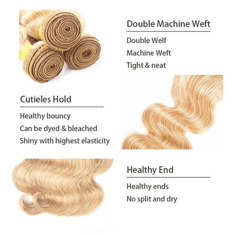 P27/613 Highlight Blonde Bundles Body Wave Bundles Human Hair 24 24 24 Inch Unprocessed Brazilian Virgin Weave Hairs Honey Blonde 3 Bundle 50 Gram Per Bundle Human Hair Extensions