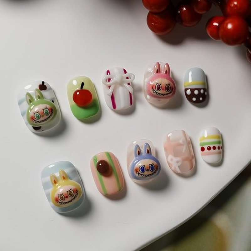 Tesytto 3D Cherry Press on Nails Short Square - Cute Cartoon Design with Mini Bow Charms, Colorful Kawaii False Nails for Women and Girls (Cartoon-A,S)