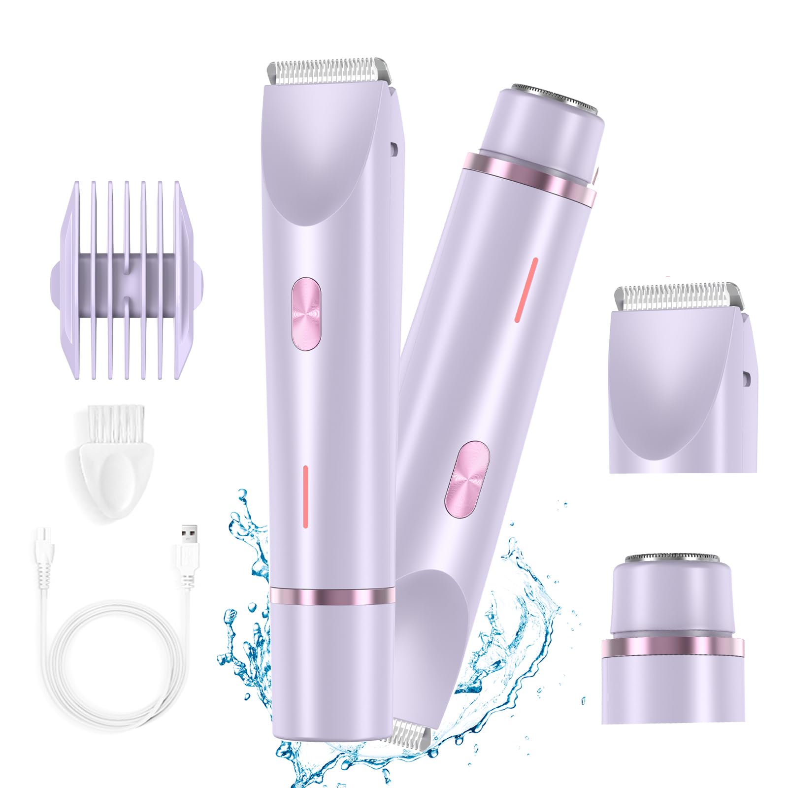 RIYUETAN Bikini Trimmer for Women Electric Razor, Double Head Dual Purpose Hair Trimmer IPX7 Waterproof Wet & Dry Use, Electric Shaver for Legs Underarm (Light Purple)
