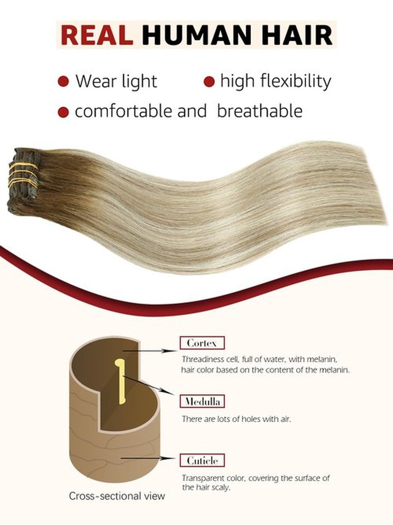 SAFIRENY Clip in Hair Extensions Real Human Hair Double Weft Balayage Color Walnut Brown To Ash Brown And Golden Blonde,Clip in Hair Extensions,14 Inch 100g,6pcs Per Set With 18 Clips（#3/8/22,14")