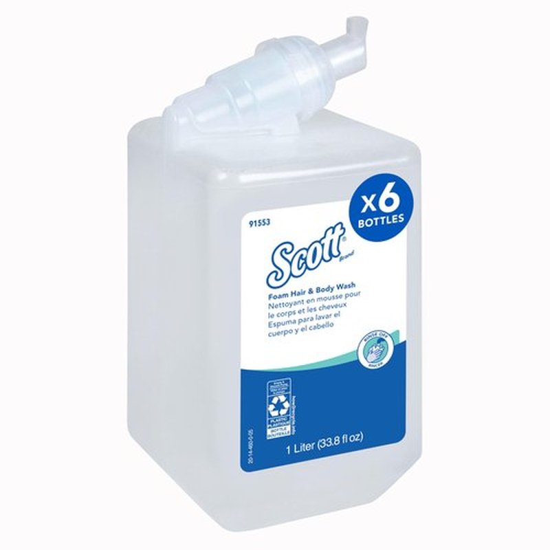 Scott Professional Foam Hair and Body Wash (91553), 1.0 L, Foaming, Light Blue, Fresh Scent, Manual Refills, (6 Bottles)