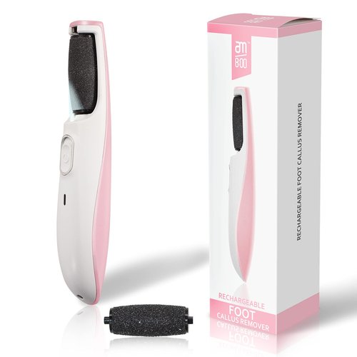 AM 8:00 Powerful Electric Foot Callus Remover, Rechargeable Pedicure Tool with Smart Light, Fine & Coarse Roller Heads, for Dead, Hard Cracked, Dry Skin (Pink)