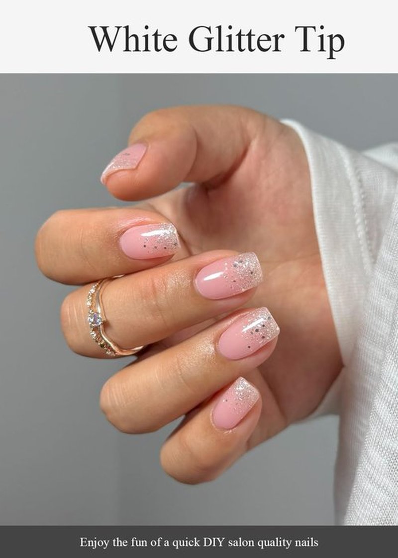 AutyaMee Semi Cured Gel Nail Strips (White Glitter Tip), 20 Pcs Pink Base Gel Nail Wraps, Stickers, Salon Quality, Long Lasting, Works with Any UV Lamps