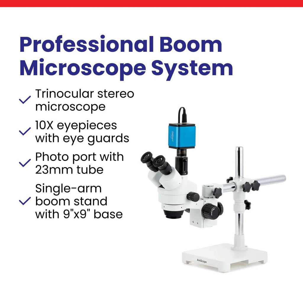 AmScope SM-3T Professional Trinocular Stereo Zoom Microscope, WH10x Eyepieces, 7X-45X Magnification, 0.7X-4.5X Zoom Objective, Ambient Lighting, Single-Arm Boom Stand