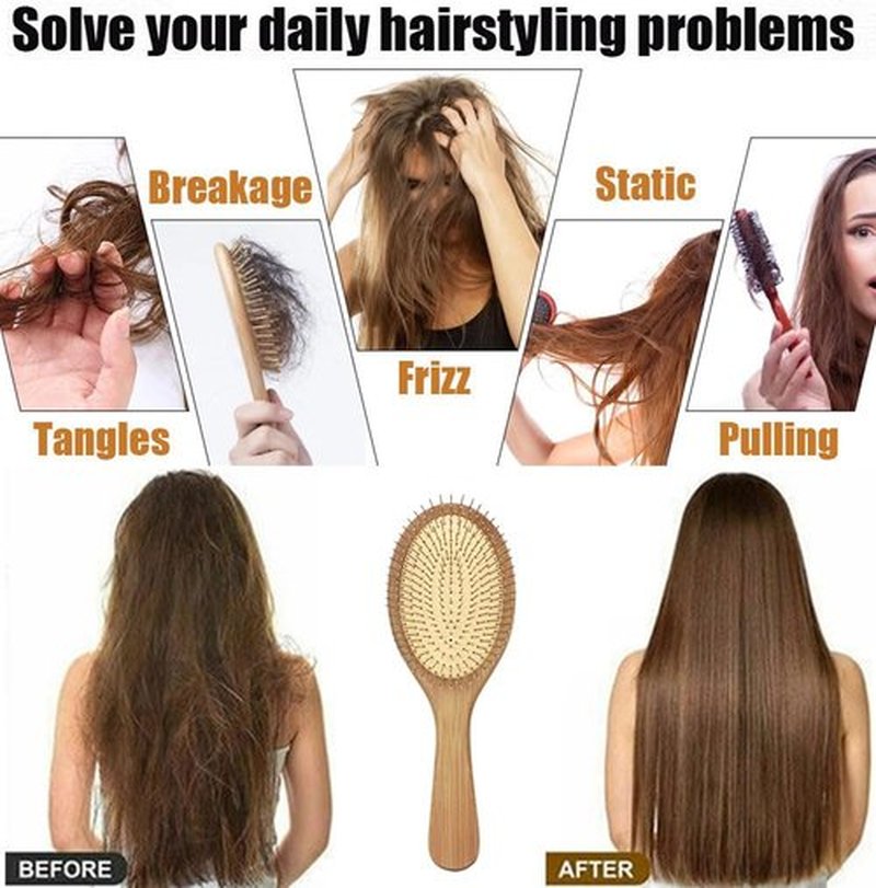 Skiennix Wooden Paddle Detangling Brush - Anti-Frizz Hairbrush for All Hair Types | Scalp Massage, Wet/Dry Use