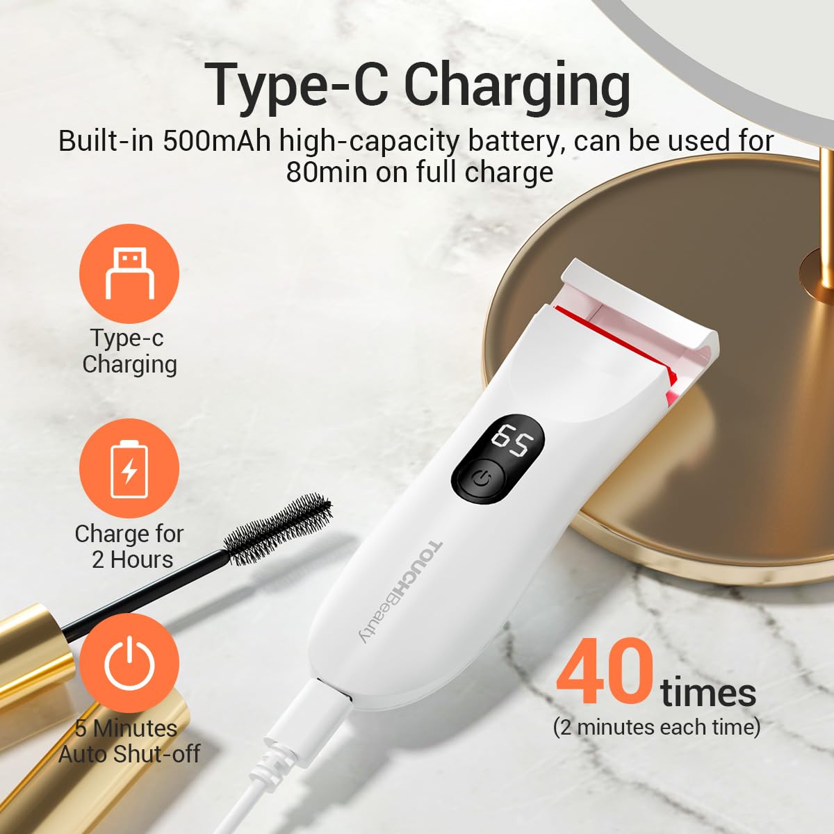 TOUCHBeauty Heated Eyelash Curler,Rechargeable Electric Eyelash Curler with LED Display,3-Level Adjustable Temperature,Rechargeable Natural Curling 24H Long Lasting for Women AG-2316