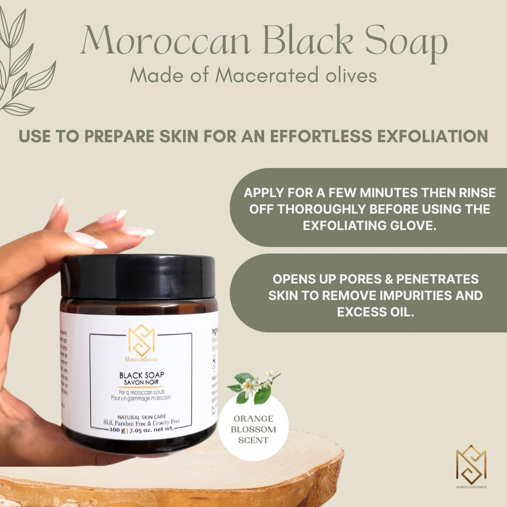 Exfoliating Glove Kessa Mitt Body Scrubber – Dead Skin Remover Shower Glove for Deep Pore Cleansing, Black Soap, and Moisturizer by Moroccan Source – 3 Piece Spa Set Kit