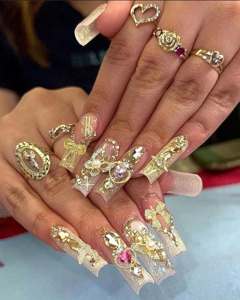 120 Pcs Silver Gold Nail Charms 3D Butterfly Cherry Star Bow Cross Planet Crown Heart Dollar Nail Gems Shiny Nail Rhinestones for Women Nail Art DIY Design（21 Styles