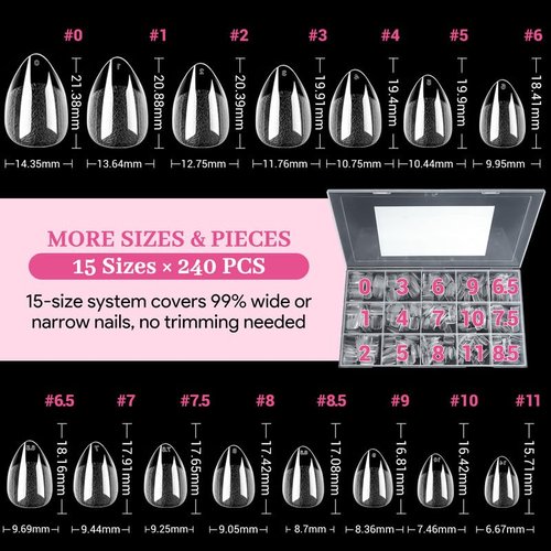 Qiek Short Water-drop Fake Nail Tips, 15 Sizes 240 PCS Clear Half Matte Press On False Nail Tips Soft Full Cover Gel Nail Tips Extensions Strong Thick Long Lasting for DIY Beginners & Salon Manicure