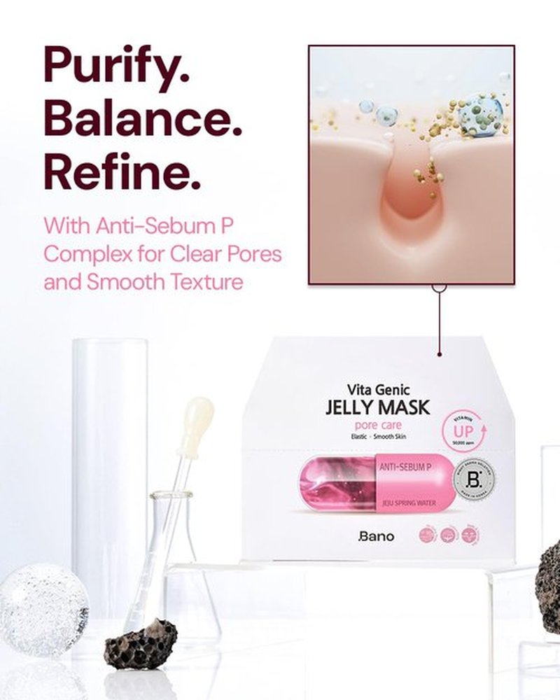 Bano Vita Genic Jelly Face Pore Care Mask 10EA – Hydrating Sheet Mask for Sensitive Skin, Korean Glass Skin Care with Spring Water, Vitamin C and Niacinamide, Sebum Control, Fragrance-Free