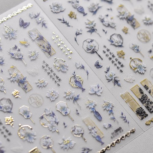 Antique Flower Nail Art Stickers 5D Nail Decals Self Adhsive Chinese Porcelain Style Orchid Flowers Sticker for Women Girls DIY Nails Manicure Salon (Flower)