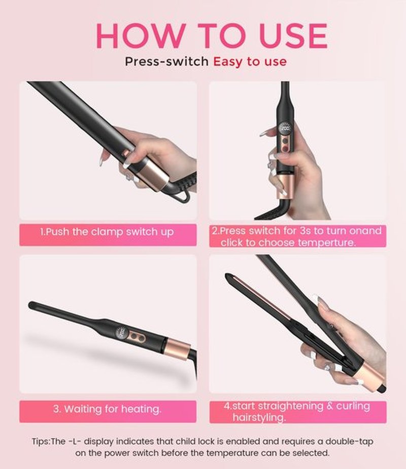 Mini Flat Iron Hair Straightener 1/3 Inch Pencil Flat Iron for Women Portable Travel Straightener and Curler 2 in 1 for Short Hair Beard and Pixie Cut with Adjustable Temp (Rose Gold)