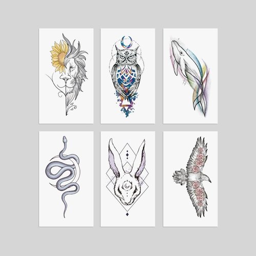 Oottati 6 Sheets Mystical Geometric Animal Temporary Tattoos for Adults, Rabbit Owl Snake Eagle Lion Whale Fake Tattoo Stickers, Waterproof Long Lasting Body Art for Arm Chest