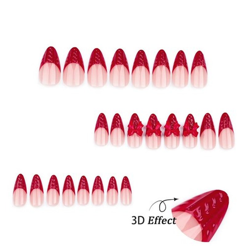 Press on Nails Long Almond MABKJLF Red French Tip Fake Nails False Nails with Designs Bow Charm Solid Colour Glossy Glue on Nails Stick on Nails Acrylic Nails for Women Girls 24 Pcs