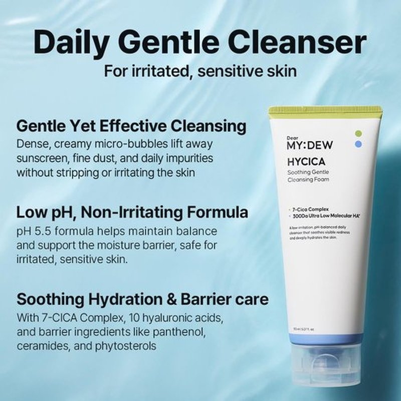 DearMYDEW HYCICA Soothing Gentle Cleansing Foam | Low pH 5.5 Cleanser for Sensitive Skin, Calming Hydrating Cica Face Wash & Barrier Care, Centella, Ultra-Low Molecular HA, Korean Skincare, 5.07 fl oz