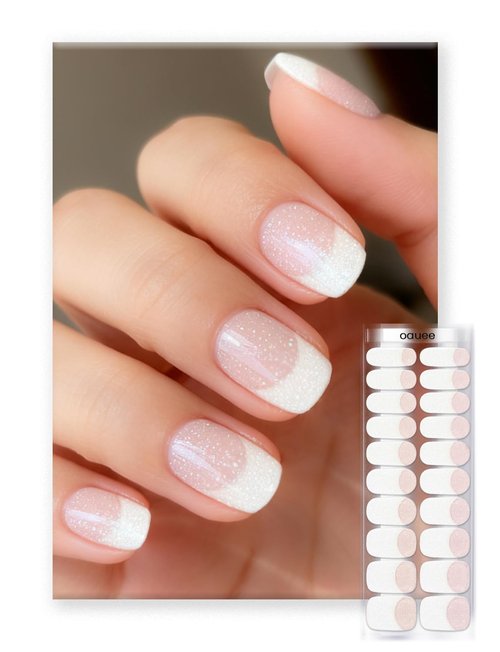 Oauee Semi Cured Gel Nail Strips | Built-In Gel Top Coat | UV Light Required | Salon Quality, Easy Application And Removal (Shining French style)