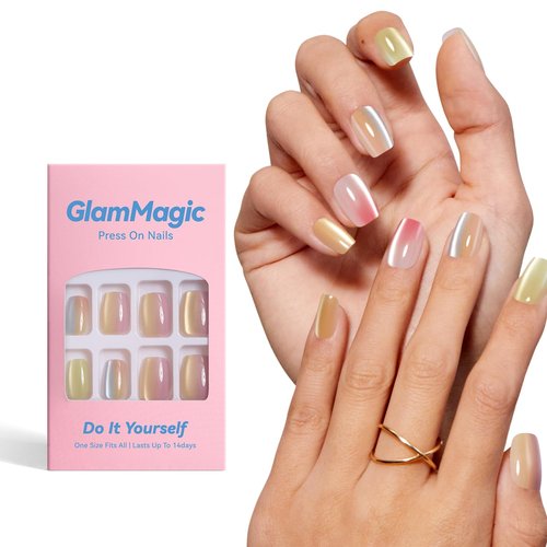 GLAMMAGIC Cat Eye Press On Nails Short Square, Natural Fake Nails Fine Diamond Shine, Glossy Ombre, Cat Eye Press on Nails for Women with Salon Quality, Press on Nails Kit