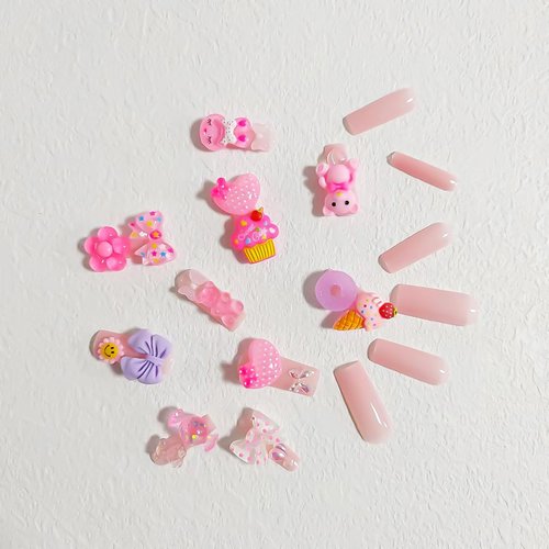 24Pcs Long Press on Nails Square Fake Nails with Charms Nude Pink Acrylic Nails Cute Heart Bear Charm Designs Glue on Nails Reusable Artificial Full Cover Stick on Nails for Women and Girls