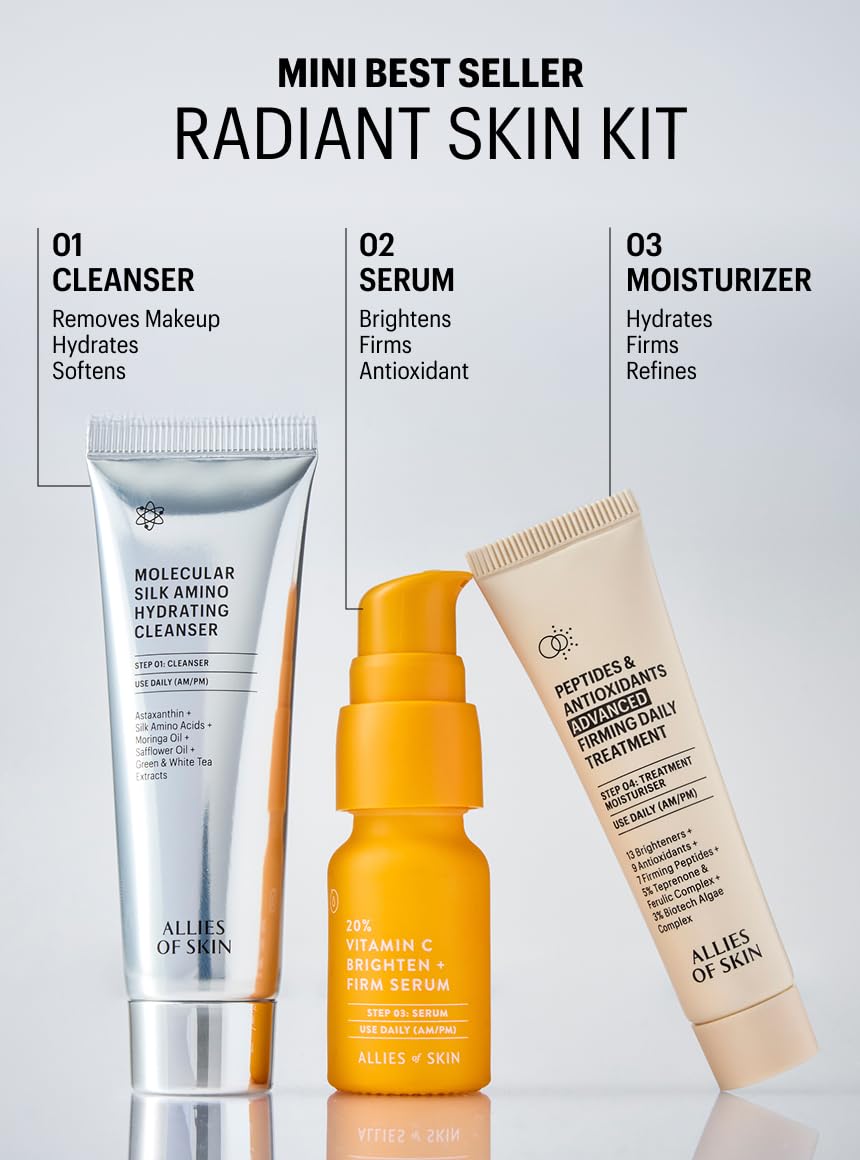 Allies of Skin 7 Days to Brighter Skin Kit - 3-Step Vitamin C Skincare Set with 20% Vitamin C Serum, Amino Acid Cleanser & Peptide Moisturizer